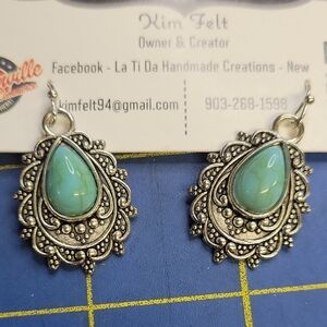 Turquoise Faux Silver Tone Teardrop 1" Earrings